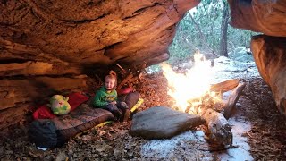 No Tent Winter Camping During Snow Storm  Exploring Natural Stone Maze [upl. by Norb113]