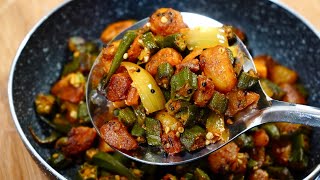 DELICIOUS FRIED OKRA RECIPE NO SLIME  MASALA BHINDI ALOO FRY VEGAN [upl. by Anial463]