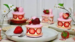 STRAWBERRY MACARON CAKE RECIPE  FRAISIER CAKE  MACARON [upl. by Anelahs]