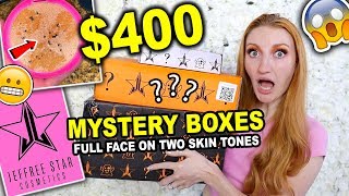 JEFFREE STAR MYSTERY BOX UNBOXING  FULL FACE ON TWO SKIN TONES [upl. by Enomar]