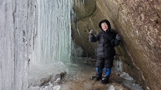 Winter Camping Under Frozen Waterfall in Survival Shelter Hot Tent  Winter Backpacking amp Hiking [upl. by Ries899]