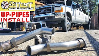 2001 F350 73  RiffRaff UpPipes Install  Stock up pipes leaking and falling apart JUNK SP [upl. by Eibreh983]