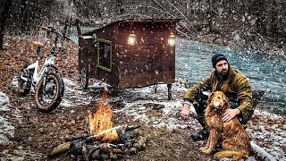 SNOWY NIGHT IN A BIKE CAMPER by a River [upl. by Avot]