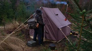 3 Days Winter Camping  Old school canvas wall tent bushcraft base camp snow blizzard wood stove [upl. by Agnimod258]