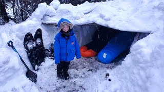 Survival Shelter Winter Camping in Blizzard  Deep Snow Camping in Alaska [upl. by Klatt336]